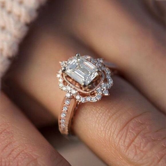 Retro Style Rose Gold Zircon Halo Ring 7 - Picture 1 of 13